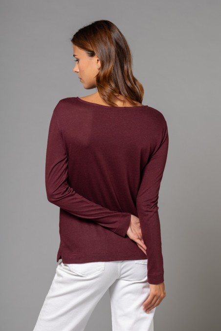 Majestic Filatures | T-shirt nera con scollo a barchetta e maniche lunghe in cotone e cashmere