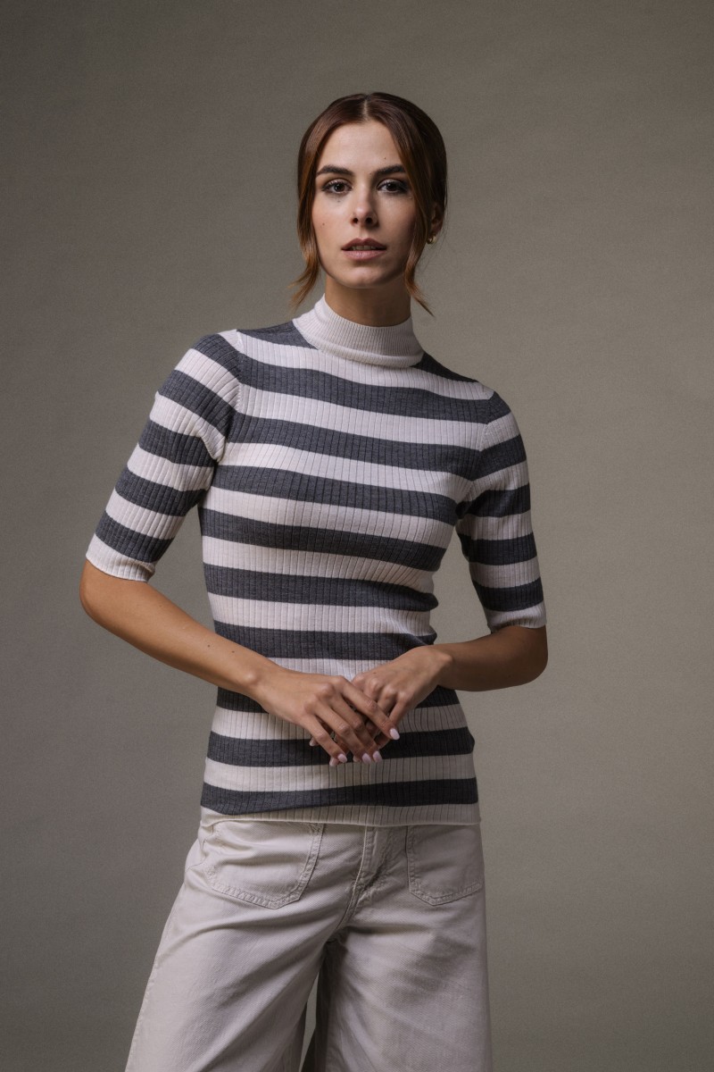 Majestic Filatures | Maglia dolcevita maniche al gomito a costine rigata