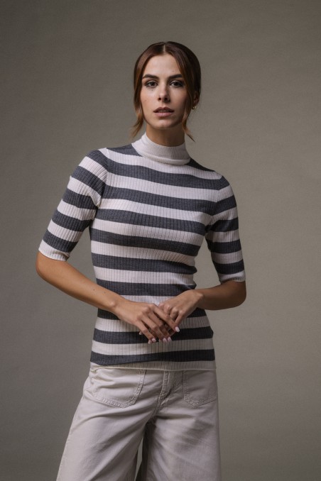Majestic Filatures | Maglia dolcevita maniche al gomito a costine rigata
