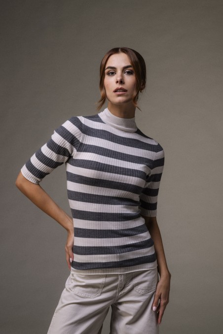 Majestic Filatures | Maglia dolcevita maniche al gomito a costine rigata