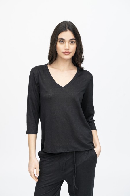 Majestic Filatures | T-shirt scollo a V e maniche a ¾ in lino
